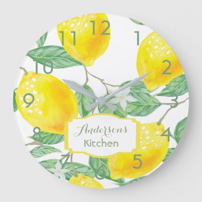 Lemons name yellow green kitchen large clock (Front)