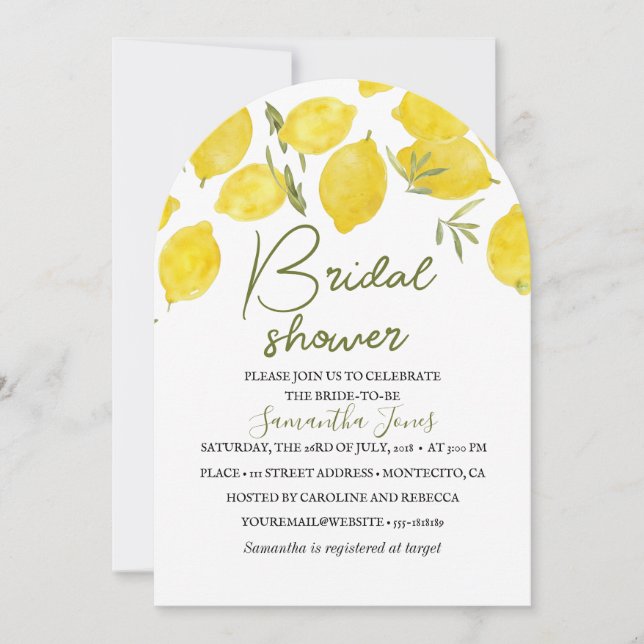 Lemons Olive branch Yellow Rustic Bridal Shower  Invitation (Front)