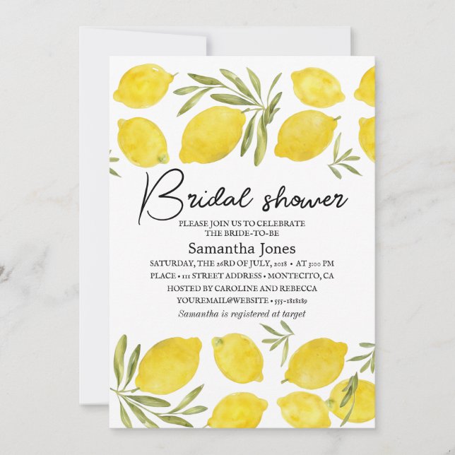 Lemons Olive branch Yellow Rustic Bridal Shower  Invitation (Front)