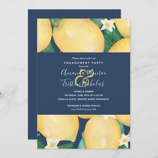 Lemons on Navy Blue Engagement Party Invitations (Front/Back)