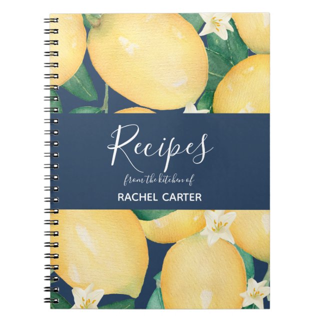 Lemons On Navy Blue Personalised Recipes Notebook (Front)