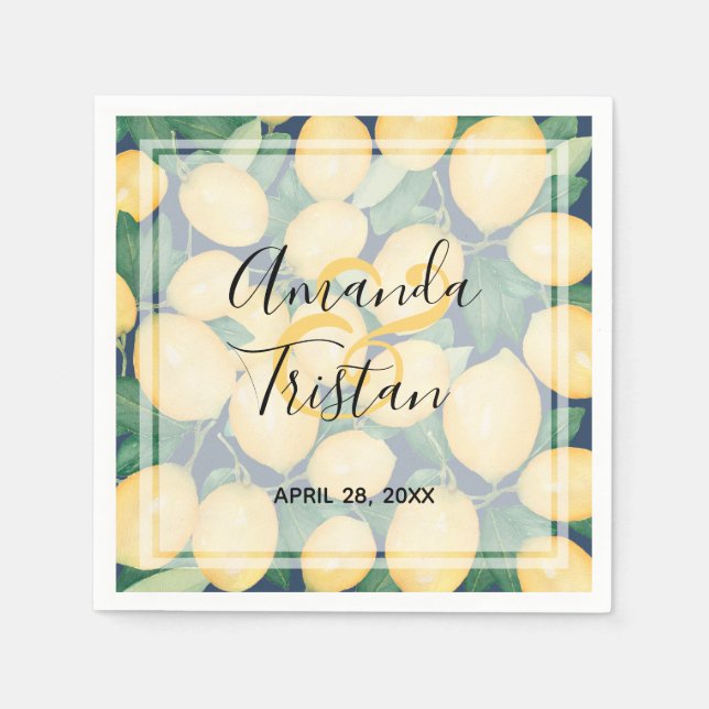 Lemons on Navy Blue Wedding Napkin (Front)