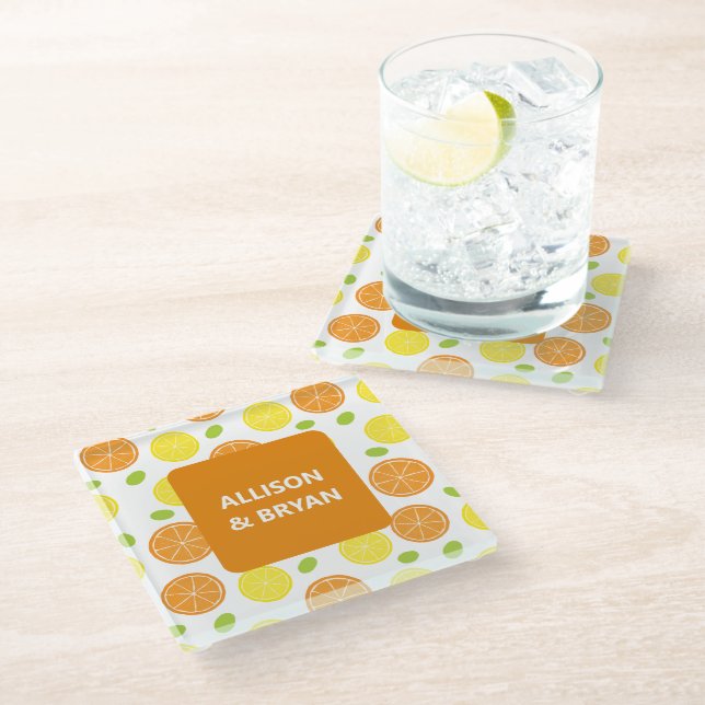 Lemons, Oranges and Grapes Fruit Personalised Glass Coaster (Angled)