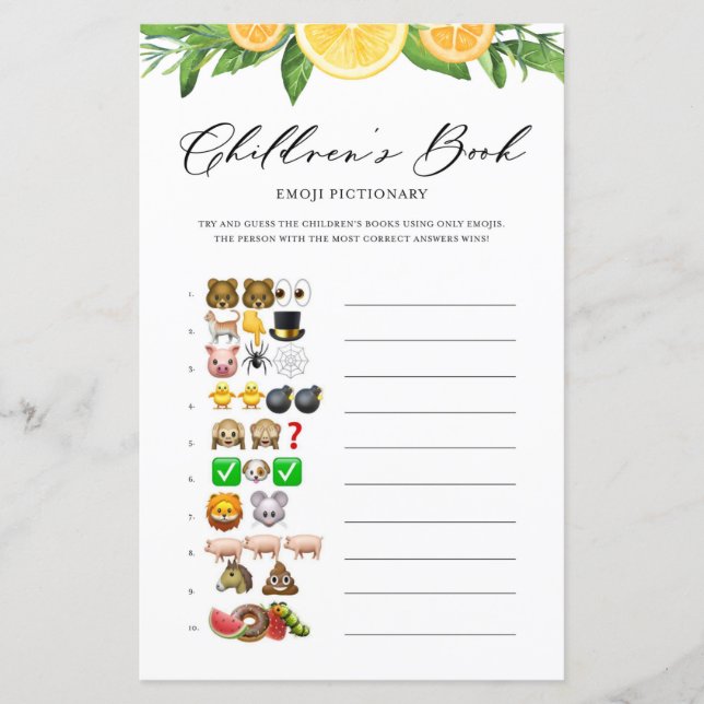 Lemons & Oranges Emoji Pictionary Baby Shower Game (Front)