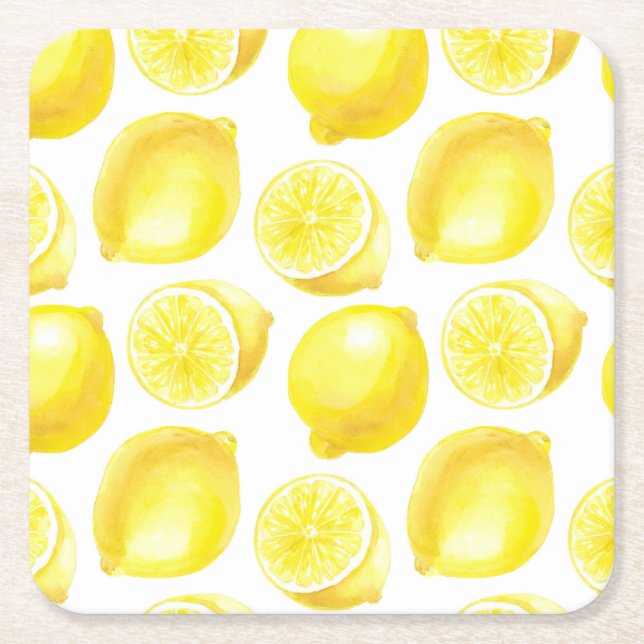 Lemons pattern design square paper coaster (Front)