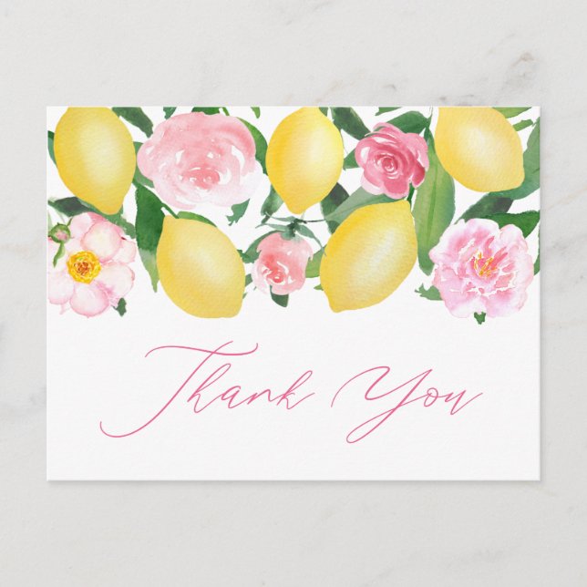 Lemons Pink Floral Calligraphy Thank You Postcard (Front)
