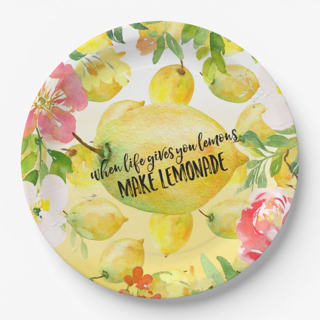 Lemons Pink floral ombre watercolor inspirational Paper Plate (Front)