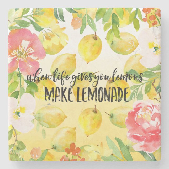 Lemons Pink floral ombre watercolor inspirational Stone Coaster (Front)