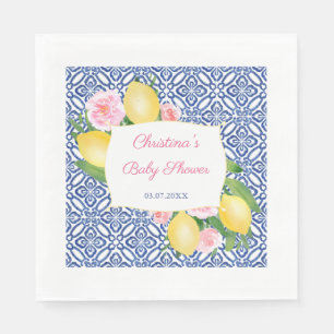 Lemons Pink Flowers Blue Tiles Baby Shower Party Napkin