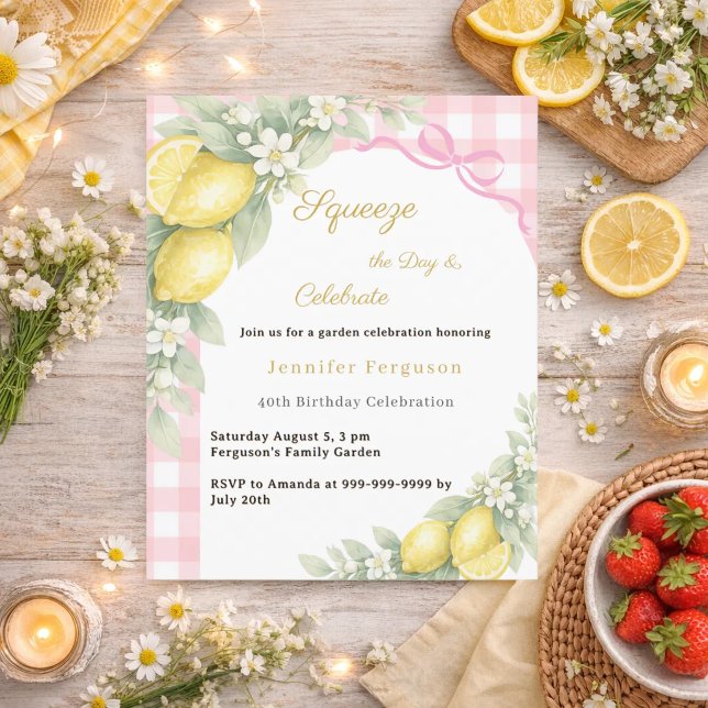Lemons pink gingham garden birthday invitation (Creator Uploaded)