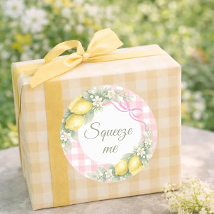 Lemons pink gingham squeeze me party favor classic round sticker