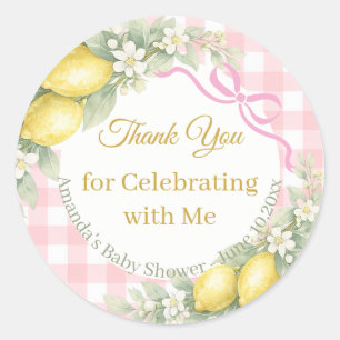 Lemons pink girl gingham Thank You Baby Shower Classic Round Sticker