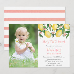 Lemons Pink TWO Sweet Girl Birthday Party Picture  Invitation