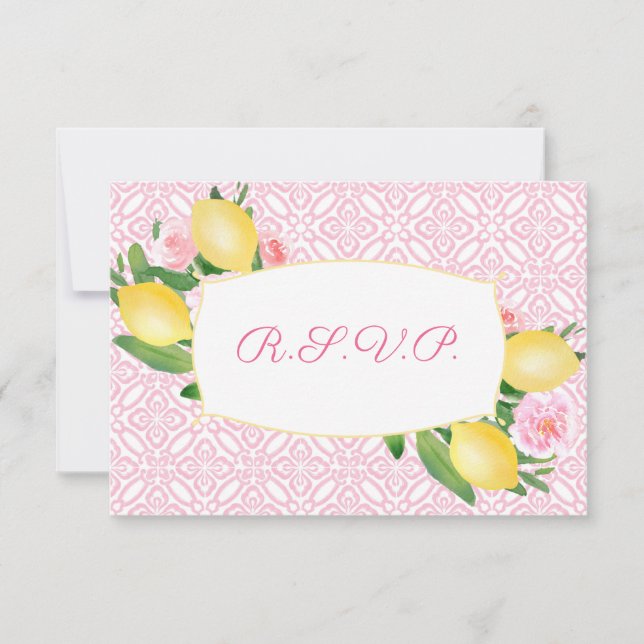 Lemons Pink White Tiles Meal Options Party RSVP Card (Front)
