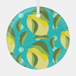 Lemons Polka Dot: Blue Background. Glass Tree Decoration