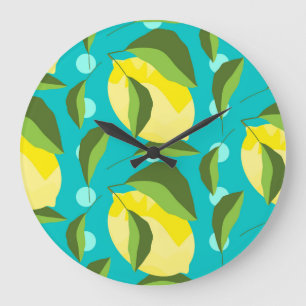 Lemons Polka Dot: Blue Background. Large Clock