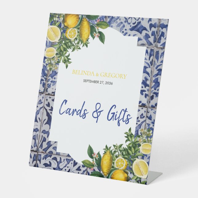 Lemons Portuguese Tiles Wedding Cards & Gifts  Pedestal Sign (Front)