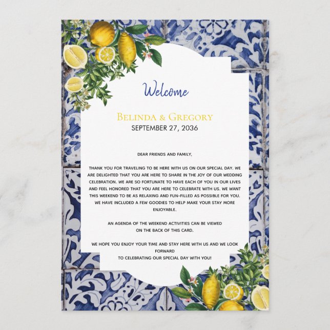 Lemons Portuguese Tiles Wedding Welcome Itinerary Programme (Front)
