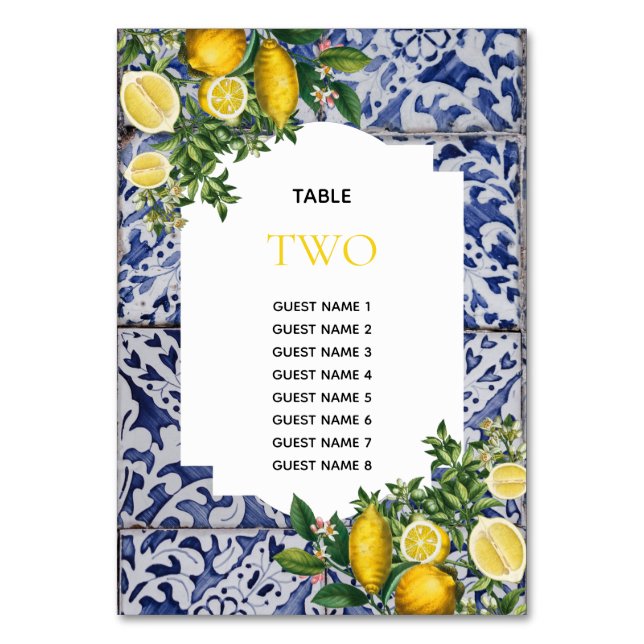 Lemons Portuguese Wedding Table Number Guest Names (Front)