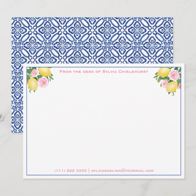 Lemons Positano Blue Italian Tiles Bridal Shower Thank You Card (Front/Back)