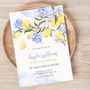Lemons purple floral baby shower invitation