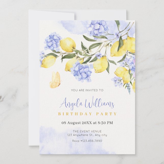 Lemons purple floral birthday invitation (Front)