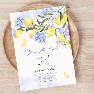 Lemons purple floral wedding save the date