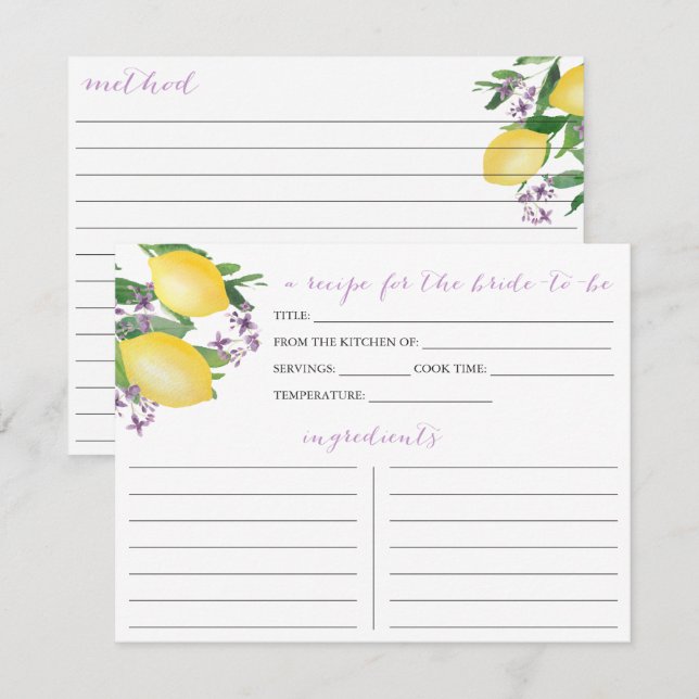 Lemons Purple Flowers Bridal Shower Recipe Card (Front/Back)
