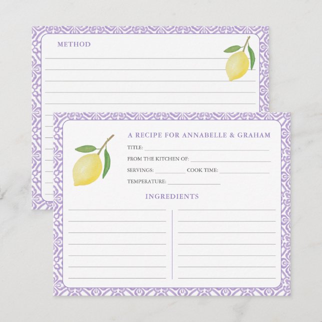 Lemons Purple Text Bridal Shower Recipe Card (Front/Back)