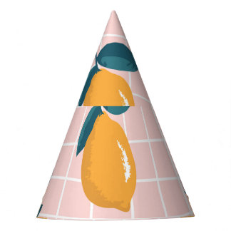 Lemons, retro geometry, summer seamless pattern. party hat