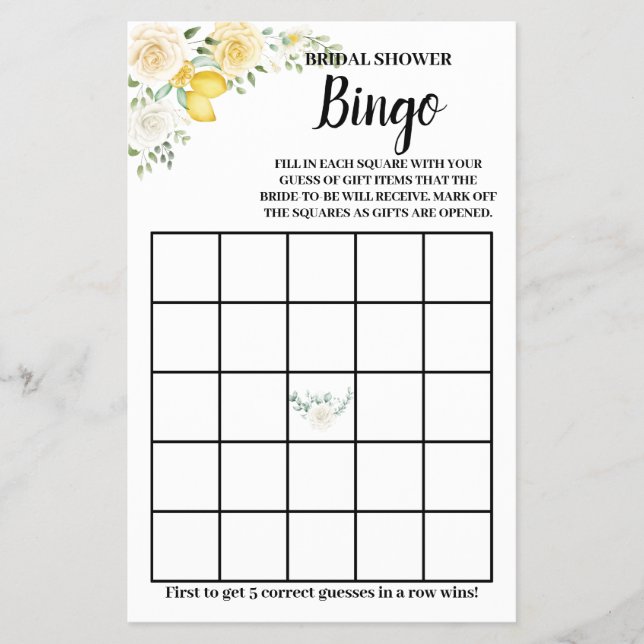 Lemons & Roses Bridal Shower Bingo Game Card (Front)