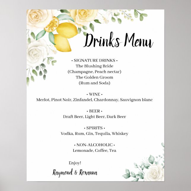 Lemons & Roses Drinks Menu Wedding Sign (Front)