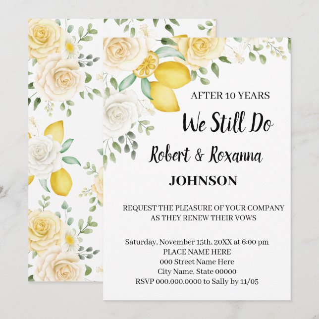 Lemons & Roses Wedding Anniversary Renewal Vows Invitation (Front/Back)