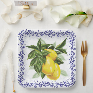 Lemons Royal Blue Toile Filigree Paper Plate