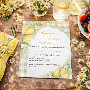Lemons sage gingham garden birthday invitation