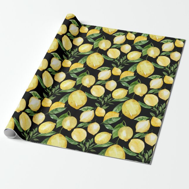 Lemons seamless pattern on black background  wrapping paper (Unrolled)