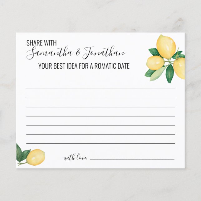 Lemons Share a Date Idea Shower Game card (Front)