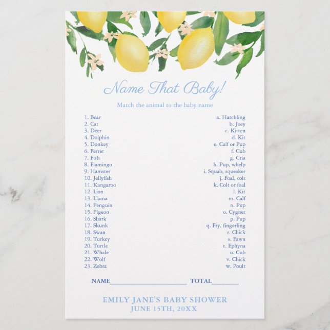 Lemons Shower Name That Baby Animal Game Card (Front)