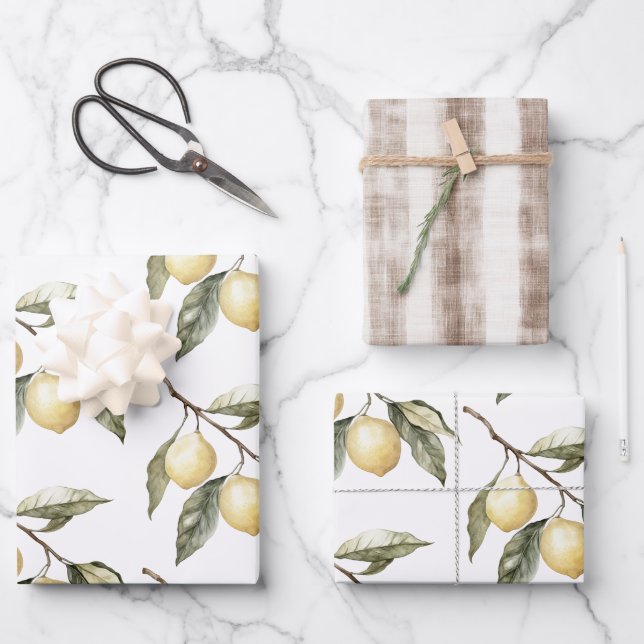 Lemons Sicily Rustic Brown Stripes Birthday Wrapping Paper Sheet (Front)