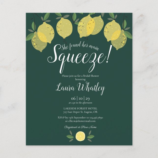 Lemons Squeeze Green Bridal Shower Budget Invite (Front)