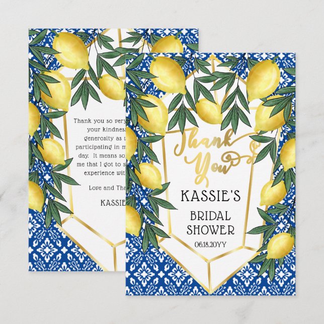 Lemons Tropical Bridal Shower Mediterranean Thank You Card (Front/Back)
