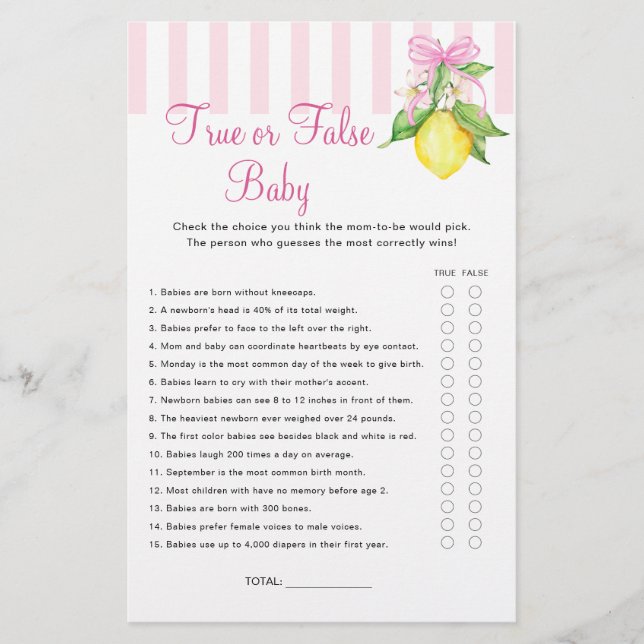 Lemons True or False Baby Shower Game (Front)