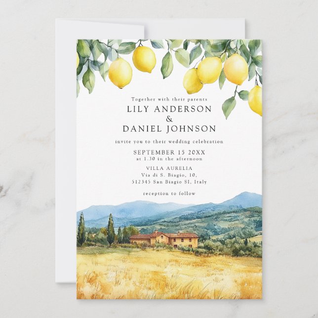 Lemons Tuscan Scene Italian Wedding Invitation (Front)