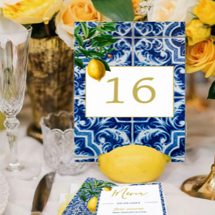 Lemons Tuscan Tile Blue White Wedding Table Number