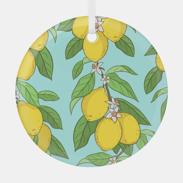 Lemons, Vibrant Blue Background Seamless. Glass Tree Decoration (Front)