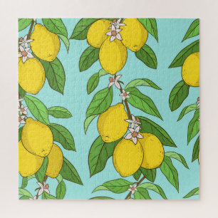 Lemons, Vibrant Blue Background Seamless. Jigsaw Puzzle