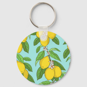 Lemons, Vibrant Blue Background Seamless. Key Ring