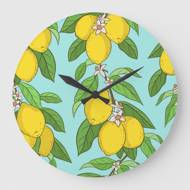 Lemons, Vibrant Blue Background Seamless. Large Clock (Front)