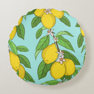 Lemons, Vibrant Blue Background Seamless. Round Cushion