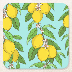 Lemons, Vibrant Blue Background Seamless. Square Paper Coaster